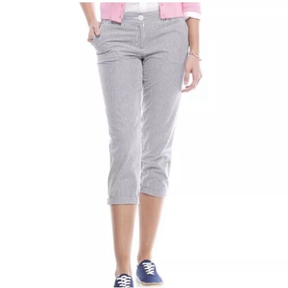 Crown & IVY Size 4 Gray/White Striped Seersucker Crop‎ Women's Pants EXCELLENT